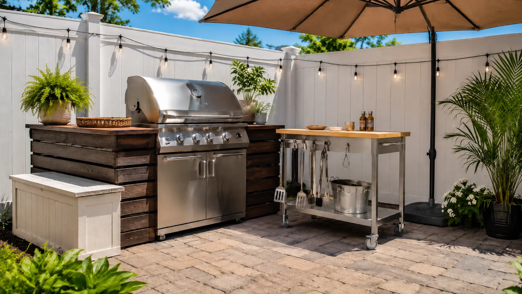 outdoor kitchen, rolling cart, grill, white fence