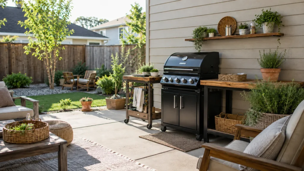 grill, patio, seating area, shelves, outside