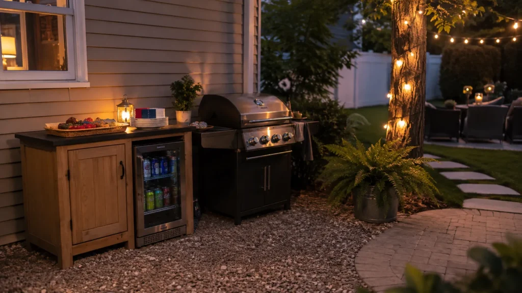 Hyper-realistic photo of a budget outdoor kitchen corner with a grill station, small counter space, outdoor storage cabinet, drink cooler, serving tray, paper plates, napkins, and simple lantern lighting, cozy backyard party setup, warm evening glow, approachable and affordable, not luxury, no people, no text, no watermark