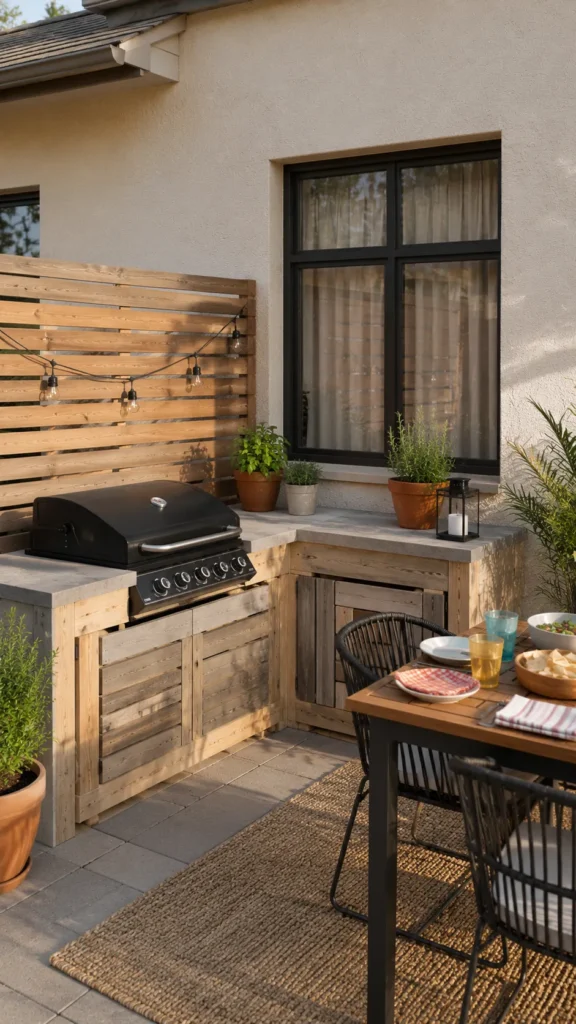 small backyard patio area, grill, string lights, seating area