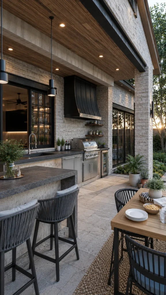 outdoor patio, kitchen, grill, bar stools