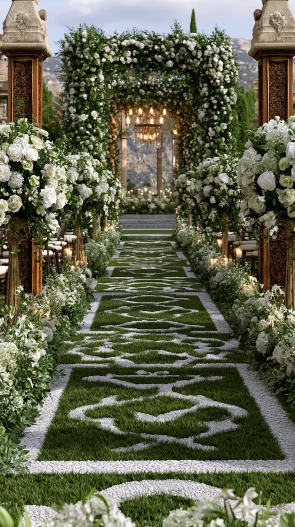 outdoor wedding aisle, flowers, chairs, altar