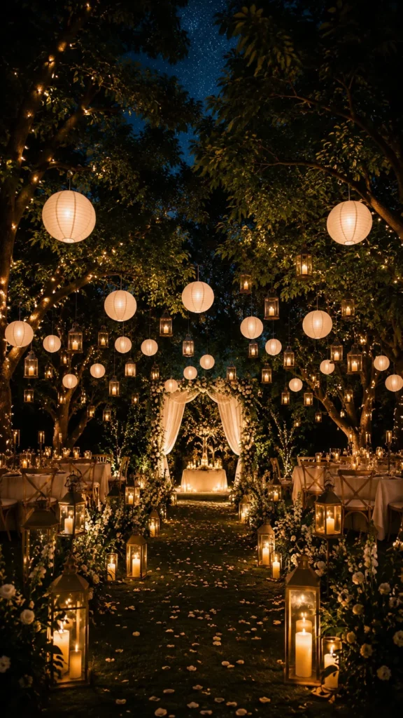 lanterns hanging from the trees, candles, seating