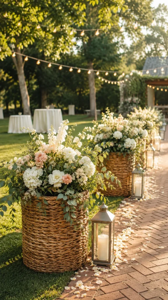 baskets of flowers, outdoor wedding ideas