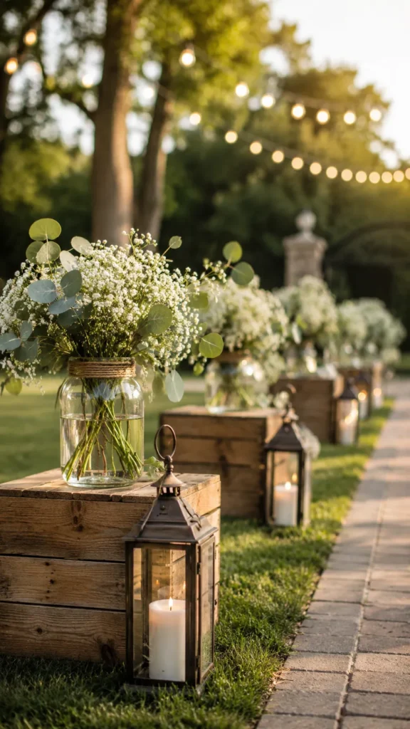 lanterns, flowers, wooden crates