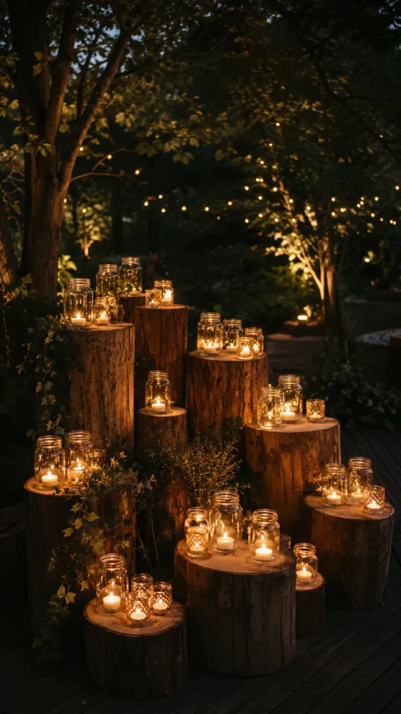 candles on wooden stumps, wedding decoration ideas