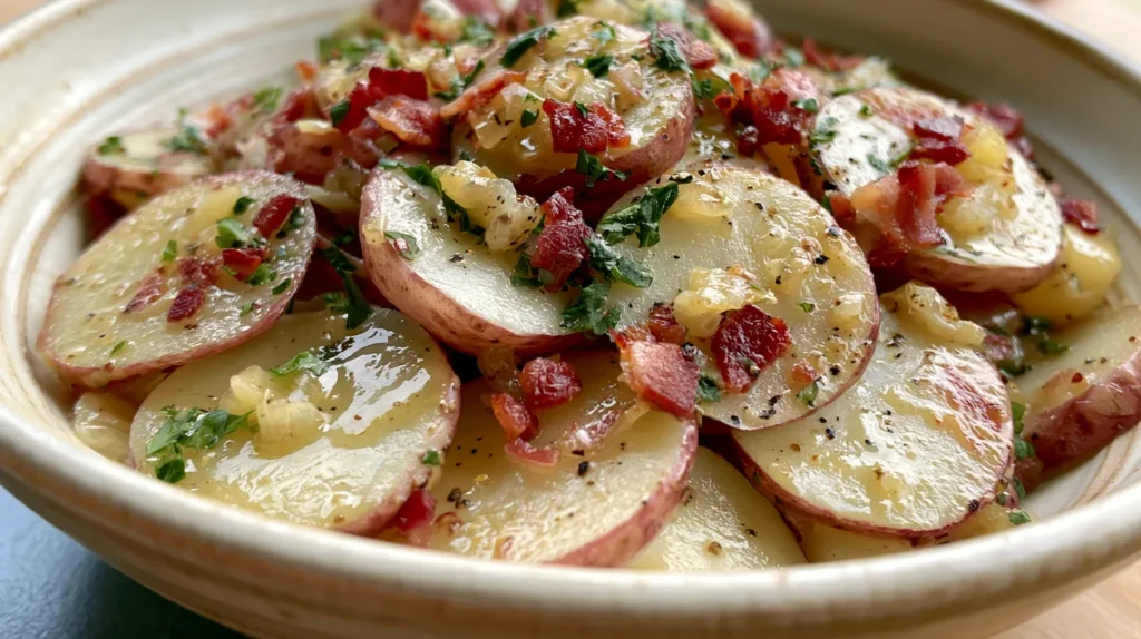 hyper-realistic photo of warm German potato salad in a rustic off-white ceramic bowl, red potatoes sliced into uniform 1/4-inch thick rounds with skins on, no wedges, no large chunks, tender potatoes lightly coated in a glossy vinegar mustard dressing, small crispy bacon bits about 1/4 inch wide, finely diced sautéed yellow onions, sparse chopped parsley garnish, visible black pepper, cozy homemade food styling, bright natural lighting, minimal shadows, clean kitchen background, no text