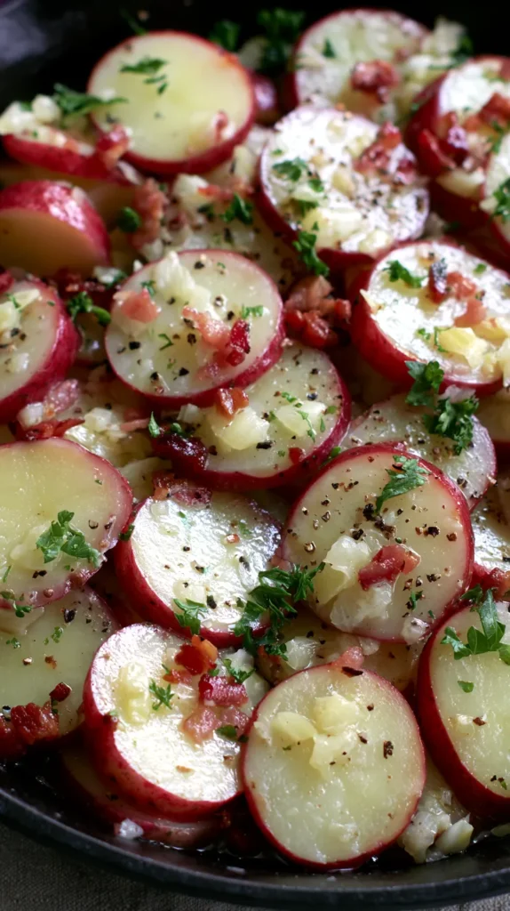 hyper-realistic photo of classic warm German potato salad served in a black skillet, medium red potatoes sliced into thin flat 1/4-inch coin slices with red skins visible, pale buttery yellow boiled potato centers, tender but not mashed, no browned potato edges, no fried potato look, no roasted texture, lightly glossy warm vinegar bacon dressing, small crisp bacon bits, finely diced sautéed yellow onions, sparse chopped parsley garnish, visible cracked black pepper, cozy rustic recipe blog styling, bright natural window light, soft neutral background, minimal shadows, no steam, no people, no text