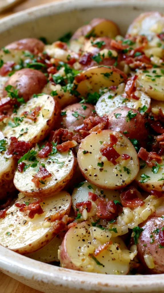 hyper-realistic photo of warm German potato salad in a rustic off-white ceramic bowl, red potatoes sliced into uniform 1/4-inch thick rounds with skins on, no wedges, no large chunks, tender potatoes lightly coated in a glossy vinegar mustard dressing, small crispy bacon bits about 1/4 inch wide, finely diced sautéed yellow onions, sparse chopped parsley garnish, visible black pepper, cozy homemade food styling, bright natural lighting, minimal shadows, clean kitchen background, no text