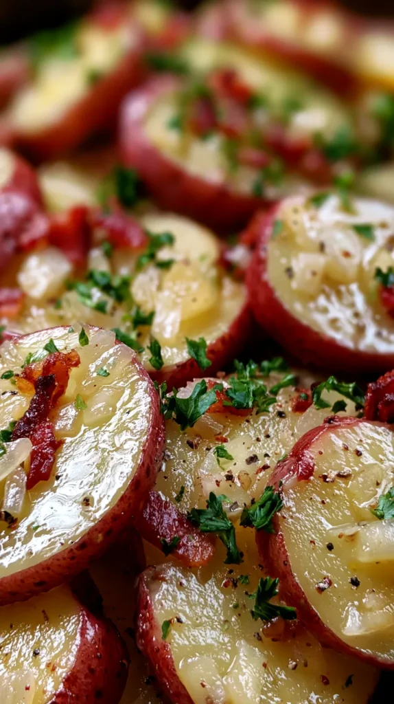 hyper-realistic close-up photo of warm German potato salad, red potatoes sliced into even 1/4-inch thick rounds with skins visible, glossy tangy vinegar bacon dressing clinging to each slice, small crispy bacon pieces, finely diced translucent sautéed onions, light chopped parsley scattered over the top, visible cracked black pepper, rich texture, shallow depth of field, bright white lighting, minimal shadows, elegant recipe blog food photography, no text