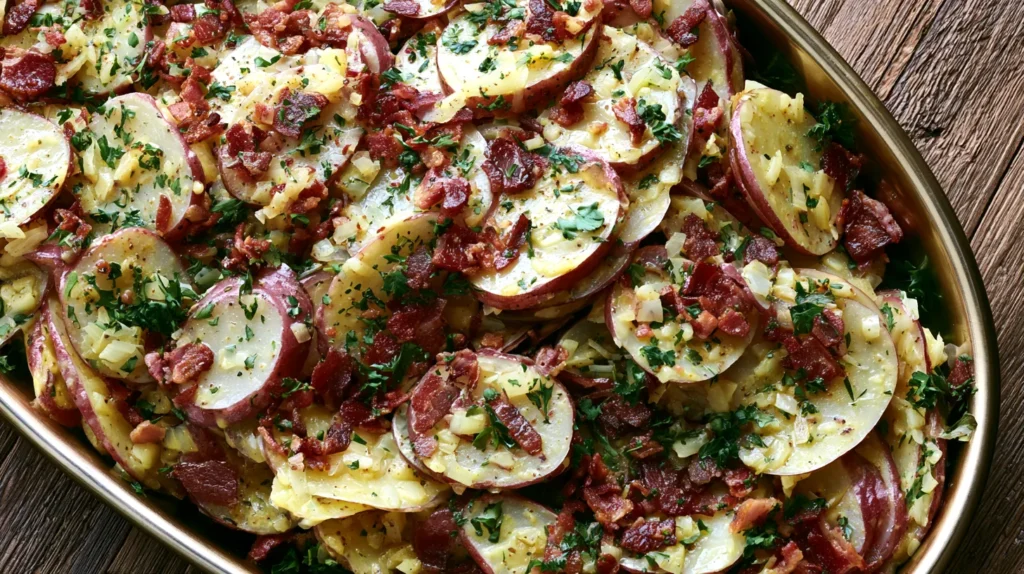 hyper-realistic overhead photo of warm German potato salad served in a large oval serving dish, red potatoes sliced into consistent thin 1/4-inch thick rounds with skins on, no chunky cuts, small crisp bacon crumbles evenly distributed, finely diced sautéed onions, light parsley garnish, glossy warm vinegar mustard dressing, rustic wooden table, budget-friendly homemade dinner styling, bright clean lighting, minimal shadows, no people, no text