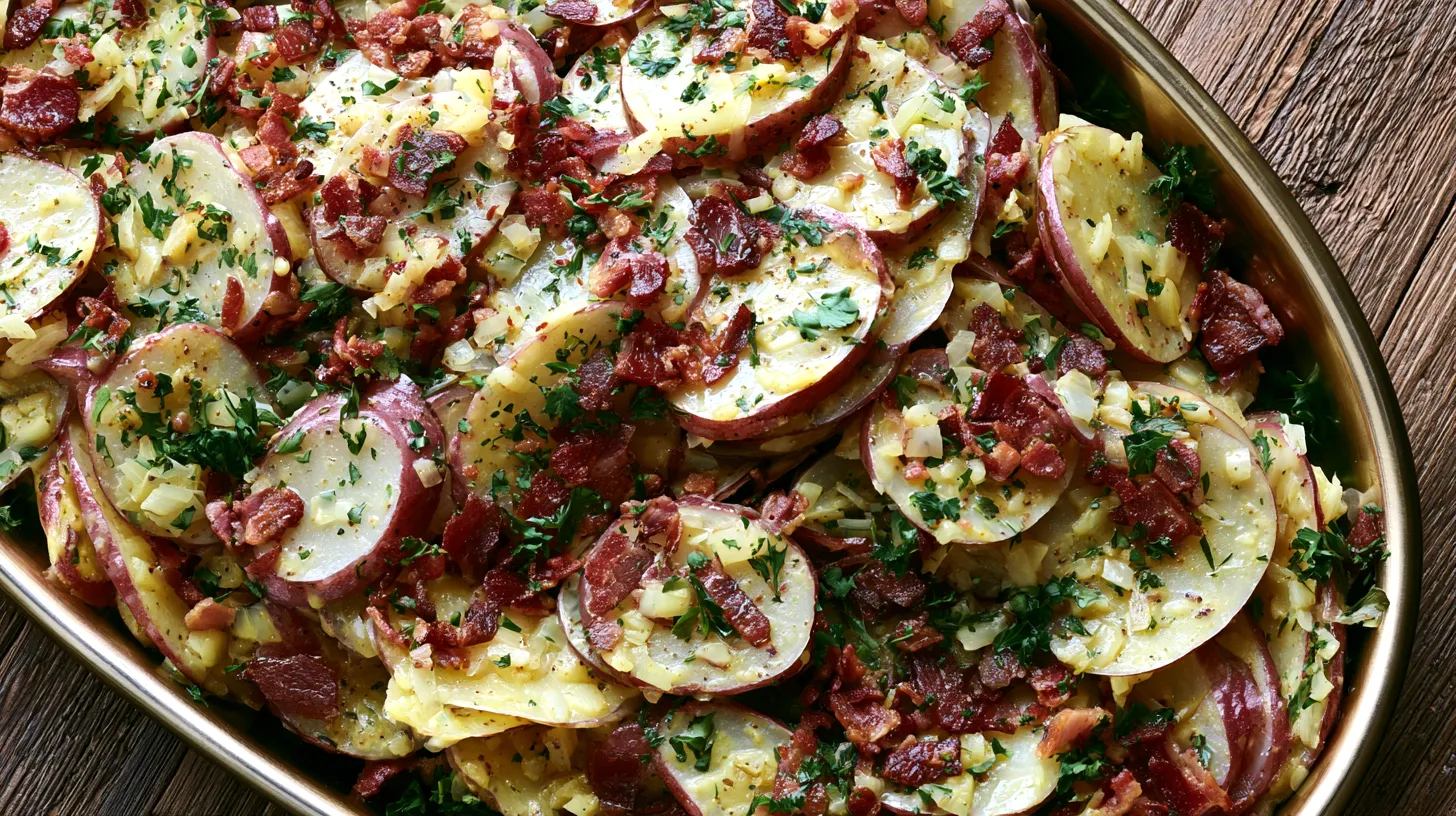 hyper-realistic overhead photo of warm German potato salad served in a large oval serving dish, red potatoes sliced into consistent thin 1/4-inch thick rounds with skins on, no chunky cuts, small crisp bacon crumbles evenly distributed, finely diced sautéed onions, light parsley garnish, glossy warm vinegar mustard dressing, rustic wooden table, budget-friendly homemade dinner styling, bright clean lighting, minimal shadows, no people, no text