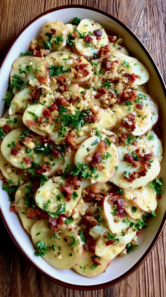 hyper-realistic overhead photo of warm German potato salad served in a large oval serving dish, red potatoes sliced into consistent thin 1/4-inch thick rounds with skins on, no chunky cuts, small crisp bacon crumbles evenly distributed, finely diced sautéed onions, light parsley garnish, glossy warm vinegar mustard dressing, rustic wooden table, budget-friendly homemade dinner styling, bright clean lighting, minimal shadows, no people, no text