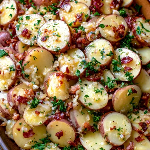 hyper-realistic overhead photo of warm German potato salad served in a large oval serving dish, red potatoes sliced into consistent thin 1/4-inch thick rounds with skins on, no chunky cuts, small crisp bacon crumbles evenly distributed, finely diced sautéed onions, light parsley garnish, glossy warm vinegar mustard dressing, rustic wooden table, budget-friendly homemade dinner styling, bright clean lighting, minimal shadows, no people, no text