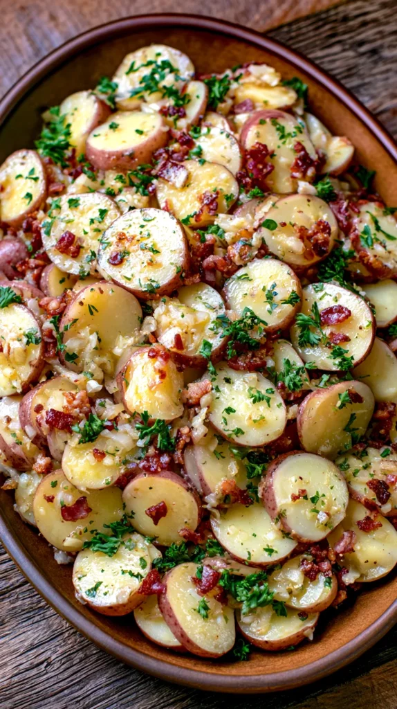 hyper-realistic overhead photo of warm German potato salad served in a large oval serving dish, red potatoes sliced into consistent thin 1/4-inch thick rounds with skins on, no chunky cuts, small crisp bacon crumbles evenly distributed, finely diced sautéed onions, light parsley garnish, glossy warm vinegar mustard dressing, rustic wooden table, budget-friendly homemade dinner styling, bright clean lighting, minimal shadows, no people, no text