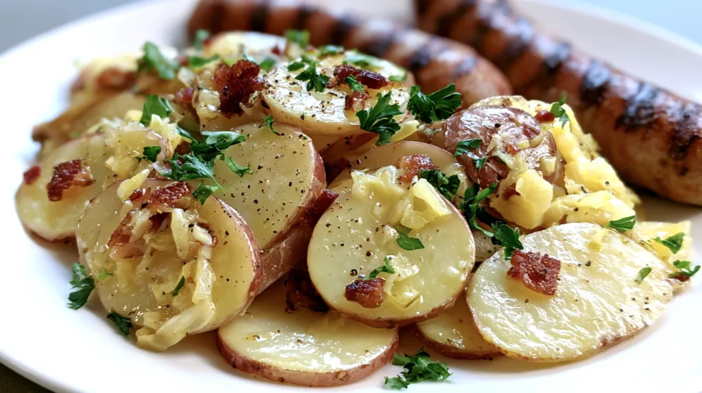 hyper-realistic photo of warm German potato salad plated as a side dish with grilled bratwurst, red potatoes sliced into uniform 1/4-inch thick rounds, tender and glossy with a warm vinegar dressing, small crispy bacon bits, finely diced onions, light parsley garnish, visible black pepper, savory cozy comfort food styling, clean white plate, bright natural lighting, minimal shadows, realistic textures, neutral background, no text
