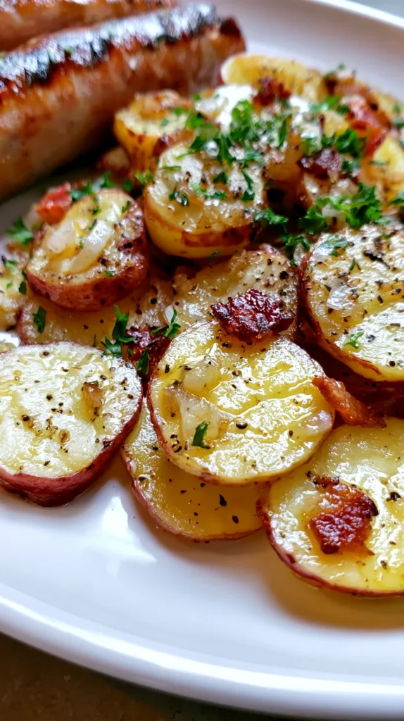 hyper-realistic photo of warm German potato salad plated as a side dish with grilled bratwurst, red potatoes sliced into uniform 1/4-inch thick rounds, tender and glossy with a warm vinegar dressing, small crispy bacon bits, finely diced onions, light parsley garnish, visible black pepper, savory cozy comfort food styling, clean white plate, bright natural lighting, minimal shadows, realistic textures, neutral background, no text