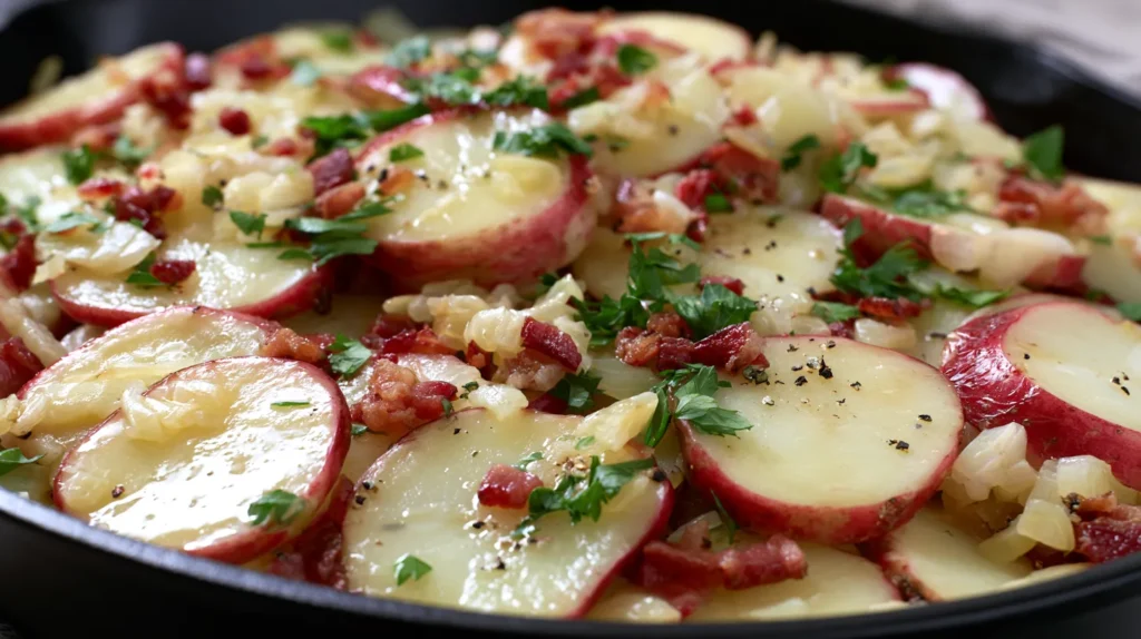 hyper-realistic photo of classic warm German potato salad served in a black skillet, medium red potatoes sliced into thin flat 1/4-inch coin slices with red skins visible, pale buttery yellow boiled potato centers, tender but not mashed, no browned potato edges, no fried potato look, no roasted texture, lightly glossy warm vinegar bacon dressing, small crisp bacon bits, finely diced sautéed yellow onions, sparse chopped parsley garnish, visible cracked black pepper, cozy rustic recipe blog styling, bright natural window light, soft neutral background, minimal shadows, no steam, no people, no text