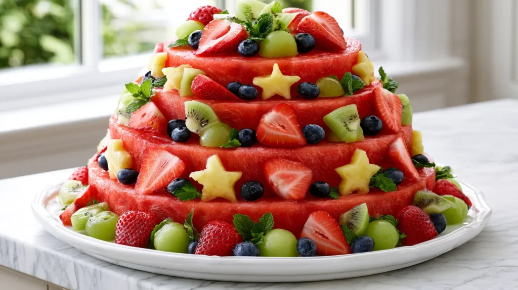 Hyper-realistic photo of a multi-tiered watermelon cake made from thick round layers of fresh seedless watermelon, decorated with sliced strawberries, blueberries, kiwi slices, pineapple stars, green grapes, melon balls, and small mint leaves. The cake is stacked neatly on a white ceramic cake stand on a white marble kitchen counter, bright natural window light, cheerful summer party feel, fresh fruit arranged around the base, clean background, crisp juicy watermelon texture, realistic proportions, no frosting, no real cake, no text, no watermark