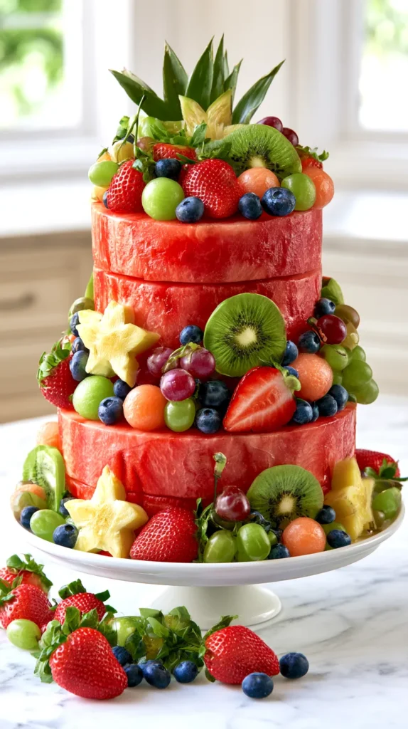 Hyper-realistic photo of a multi-tiered watermelon cake made from thick round layers of fresh seedless watermelon, decorated with sliced strawberries, blueberries, kiwi slices, pineapple stars, green grapes, melon balls, and small mint leaves. The cake is stacked neatly on a white ceramic cake stand on a white marble kitchen counter, bright natural window light, cheerful summer party feel, fresh fruit arranged around the base, clean background, crisp juicy watermelon texture, realistic proportions, no frosting, no real cake, no text, no watermark
