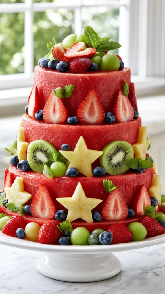 Hyper-realistic vertical photo of a tall two-tier watermelon cake made entirely from peeled watermelon rounds, decorated with colorful fresh fruit including strawberries, blueberries, kiwi, pineapple flowers, grapes, and melon balls. The watermelon cake sits on a simple white cake stand with fresh fruit scattered neatly around it, bright airy summer kitchen, white marble countertop, soft natural light, fresh and budget-friendly party dessert look, realistic fruit textures, no frosting, no whipped cream, no real cake, no text, no watermark