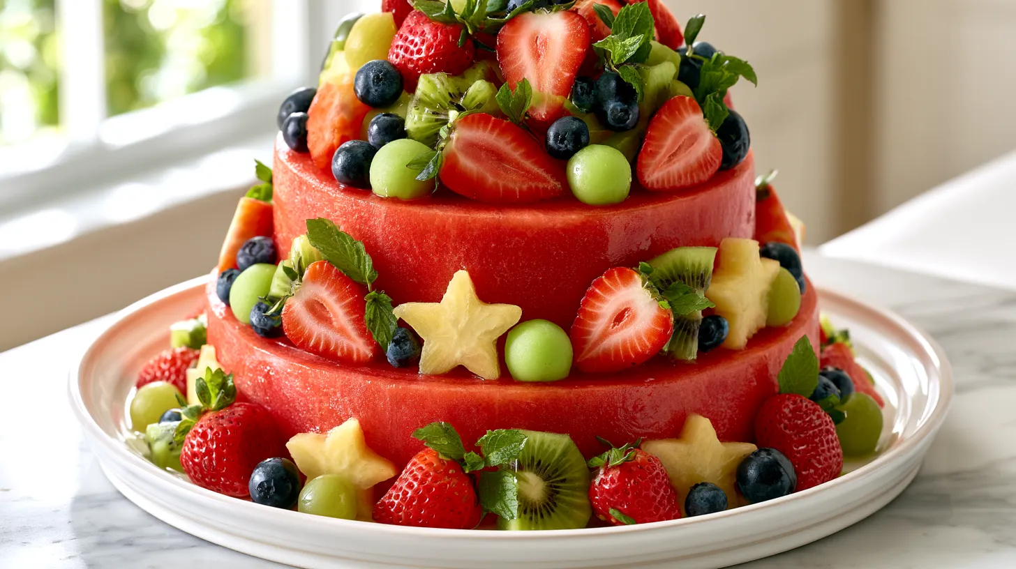 Hyper-realistic photo of a finished two-tier watermelon cake made from thick peeled rounds of fresh seedless watermelon, decorated with halved strawberries, blueberries, kiwi slices, pineapple stars, green grapes, melon balls, and small mint leaves. Overhead view, centered on a white ceramic cake stand on a white marble kitchen counter, bright natural window light, clean and airy summer setting, fresh fruit scattered neatly around the base, crisp juicy texture, no frosting, no real cake, no people, no text, no watermark