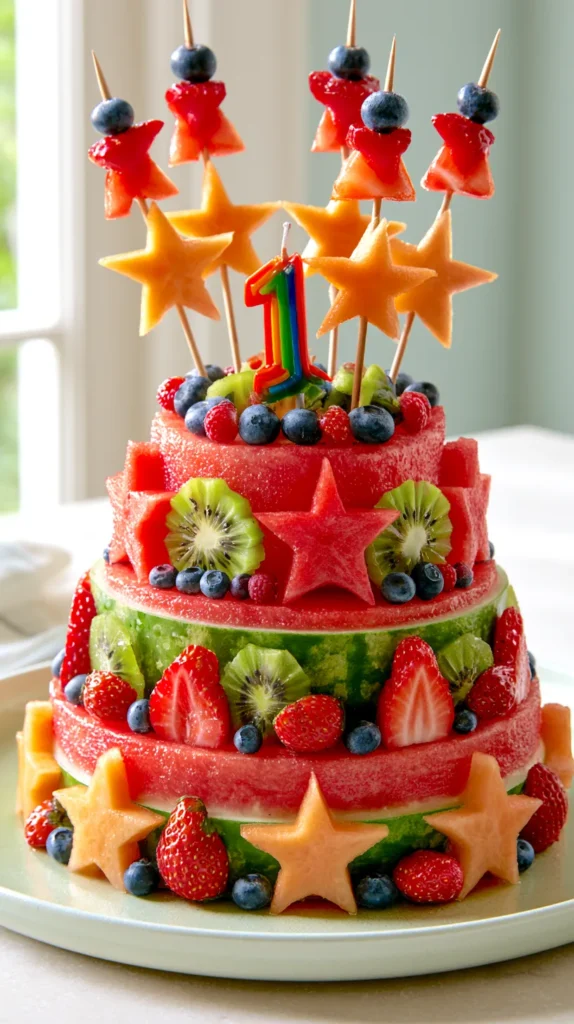 Hyper-realistic photo of a two-tier watermelon cake made from thick peeled rounds of fresh seedless watermelon, styled like a cheerful birthday cake. Decorated with carved fruit stars made from watermelon and cantaloupe, kiwi slices, strawberries, blueberries, and small berries arranged neatly around the tiers. Tall fruit skewers rise from the top with blueberries, strawberry pieces, and fruit stars, with a colorful number 1 candle in the center. The cake sits on a large pale plate on a clean kitchen counter, soft natural light, simple light background, playful birthday party look, realistic juicy texture, no frosting, no real cake, no people, no text, no watermark