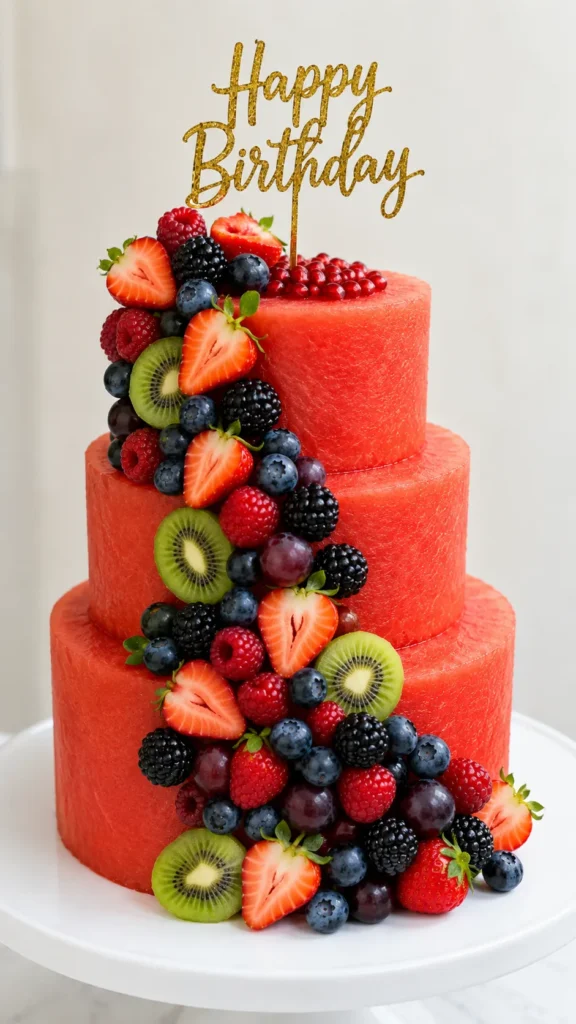 Hyper-realistic photo of a finished two-tier watermelon cake made from smooth peeled watermelon rounds, decorated with an elegant diagonal cascade of fresh strawberries, blueberries, blackberries, raspberries, and a few dark grapes. A small cluster of glossy pomegranate seeds sits on top, with a simple gold glitter "Happy Birthday" topper rising from the top tier. Clean white cake stand, minimal white background, soft natural light, refined and modern presentation, realistic fruit texture, no frosting, no people, no watermark
