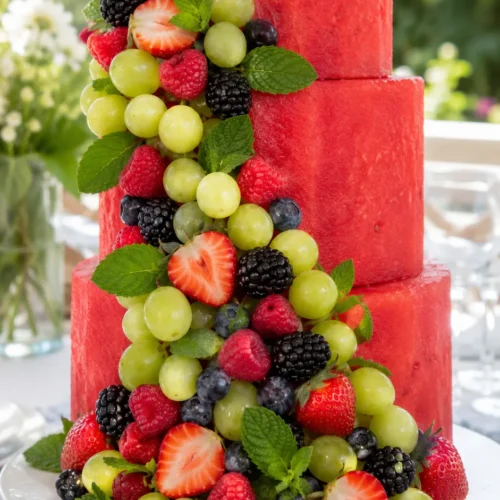outdoor summer table with a tiered watermelon cake with cascading fruit