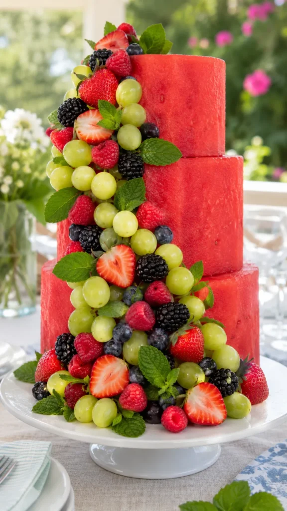 outdoor summer table with a tiered watermelon cake with cascading fruit