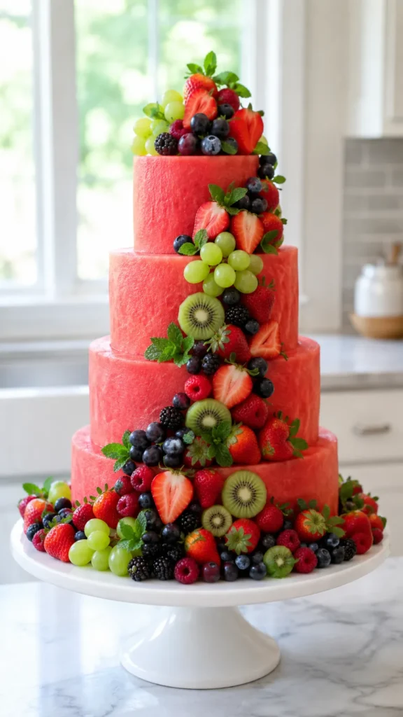 multi-tiered sliced watermelon cake, fresh fruit cascading down