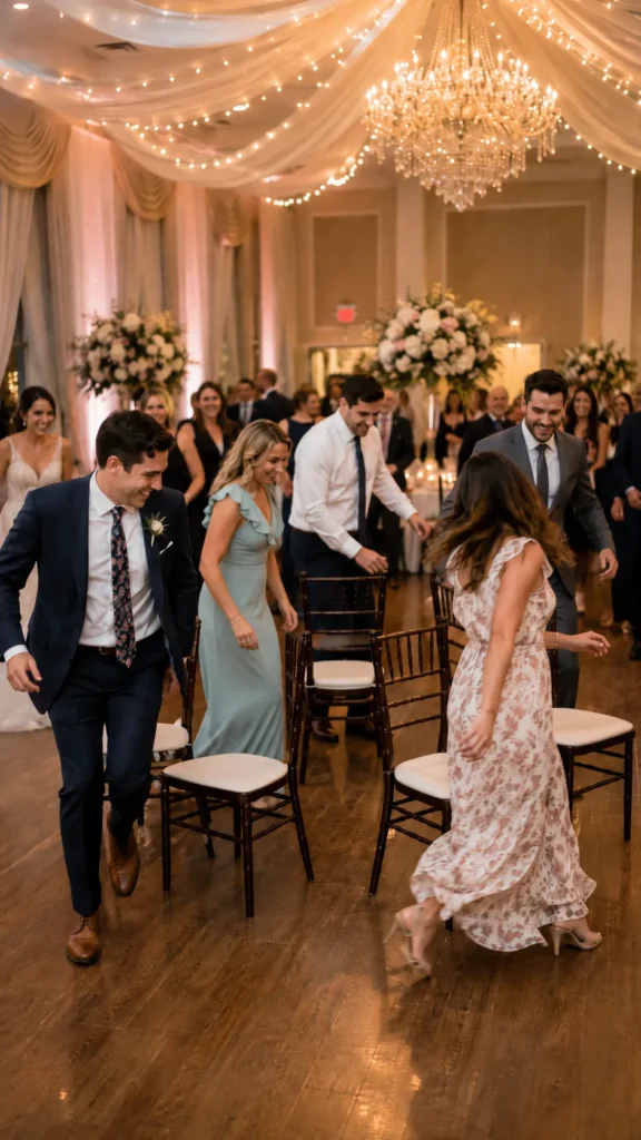 guests playing musical chairs at the wedding reception