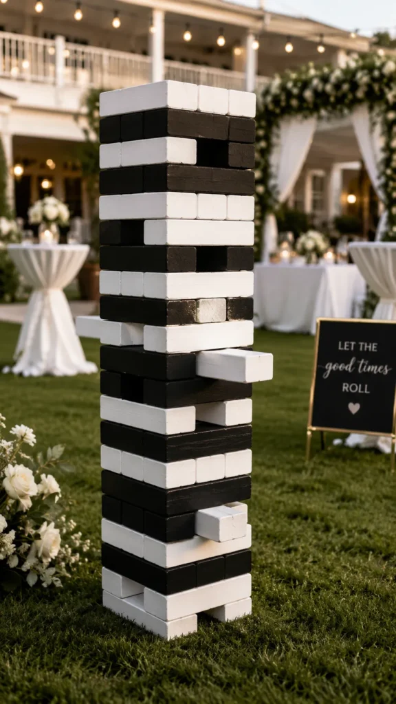 giant jenga lawn game, with white and black jenga wooden blocks, wedding theme, at an outdoor wedding reception
