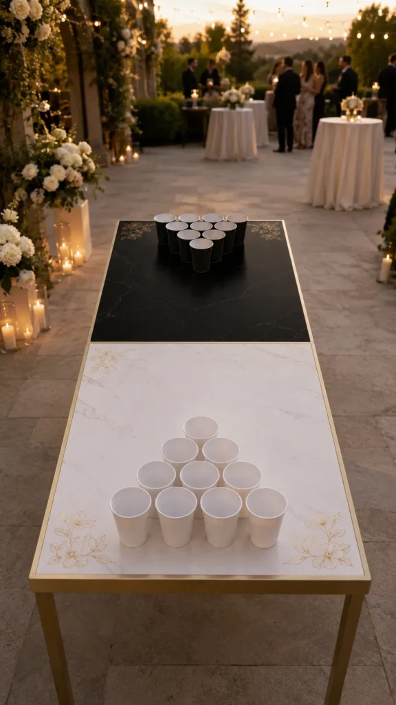 bride vs groom wedding pong table at an outdoor wedding reception. The table has a clean black groom side and white bride side. Each end has exactly 10 cups in a classic beer pong triangle, arranged 4 cups in the back row, 3 cups, 2 cups, and 1 cup at the point. The groom side has black cups only. The bride side has white cups only. The cups should be clearly visible and countable.