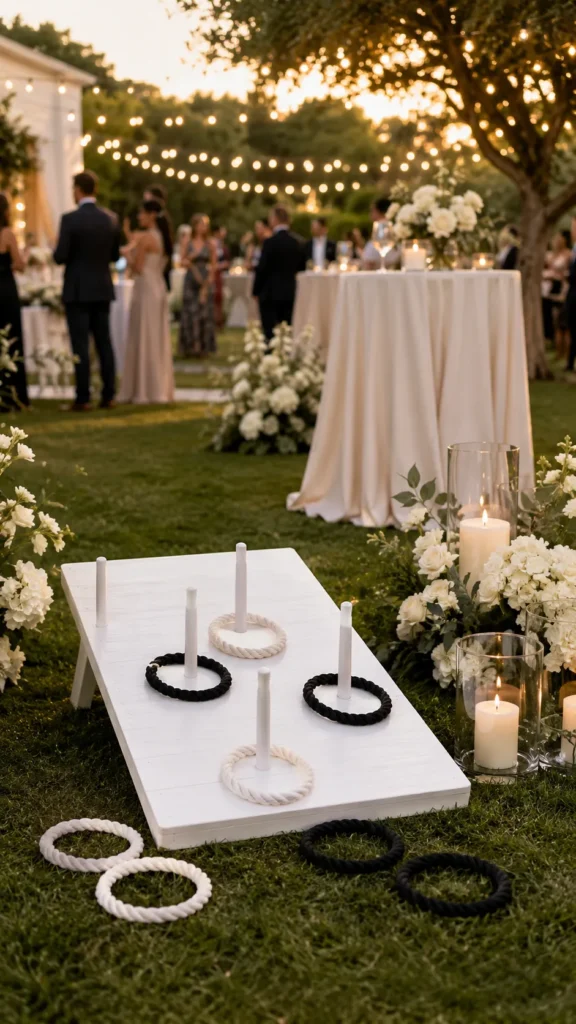  image of a wedding ring toss lawn game at an elegant outdoor wedding reception. The game has a white wooden ring toss board with small black and white rings, styled in a bride and groom wedding theme. Add white flowers, greenery, candles, string lights, cocktail tables, and softly blurred wedding guests in the background. Warm golden hour lighting, polished Pinterest-style wedding aesthetic, realistic details, no text, no extra hands, no distorted objects.