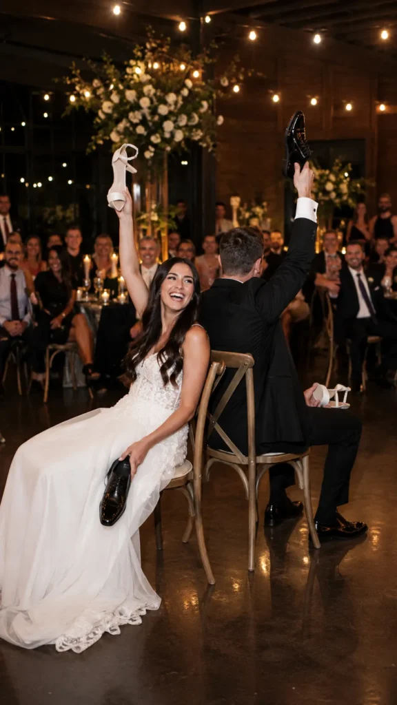 The wedding shoe game is one of those wedding games that works because guests get to watch. Nobody has to run across the room, grab a microphone, or reveal their hidden competitive streak. The couple sits back-to-back, each holding one of their own shoes and one of their partner’s shoes. Then someone asks funny questions, and they raise the shoe that matches their answer.