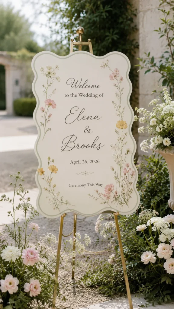 A hyper-realistic vertical photo of a romantic garden wedding welcome sign, tall cream scalloped-edge sign on a simple brass easel, soft sage green border, delicate pressed-flower details in pale pink, butter yellow, and ivory, sign text reads “Welcome to the Wedding of” with “Elena & Brooks” in elegant script and “April 26, 2026” below, small line reading “Ceremony This Way” near the bottom, surrounded by low garden florals, airy outdoor courtyard, soft natural light