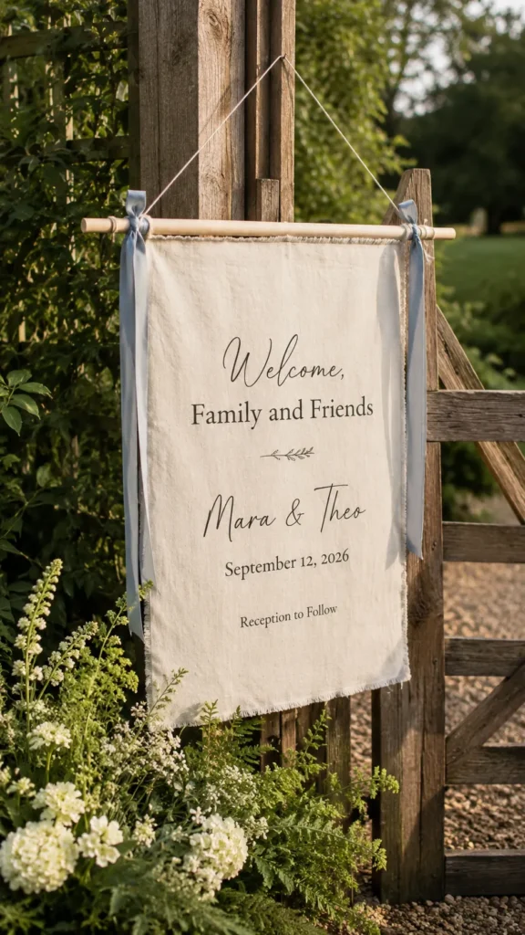 A hyper-realistic vertical photo of a soft linen fabric wedding welcome sign hanging from a natural wood dowel, ivory linen banner with slightly frayed edges, tied with dusty blue ribbon, sign text reads “Welcome, Family and Friends” with “Mara & Theo” and “September 12, 2026” below, small text says “Reception to Follow,” placed near a wooden garden gate with greenery and white flowers around the base, relaxed backyard wedding style, warm late afternoon light, charming handmade budget wedding detail, no people, no watermark, readable text