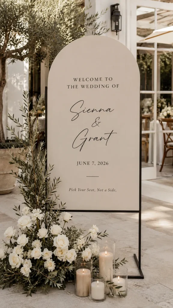 A hyper-realistic vertical photo of a modern wedding welcome sign, tall arched sign in matte warm beige with clean black serif lettering, sign text reads “Welcome to the Wedding of” with “Sienna & Grant” in soft handwritten script and “June 7, 2026” below, small line reads “Find Your Seat, Not a Side,” displayed on a slim black metal stand, styled with white roses, olive branches, and champagne-colored candles at the base, elegant outdoor patio wedding