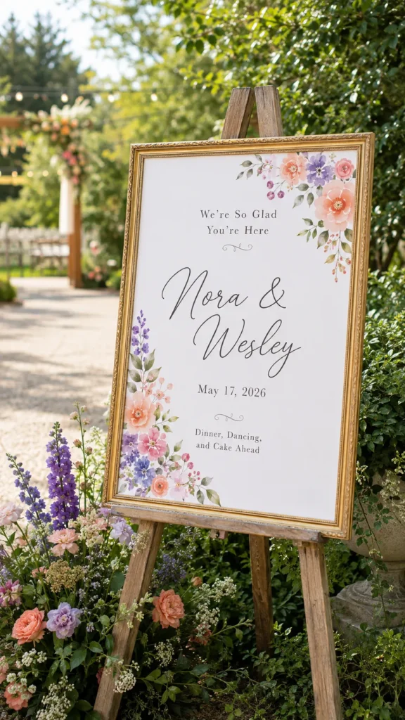 A hyper-realistic vertical photo of a cheerful budget-friendly wedding welcome sign, white foam board sign inside a thrifted vintage gold frame, playful watercolor floral corners in coral, lavender, peach, and soft green, sign text reads “We’re So Glad You’re Here” with “Nora & Wesley” and “May 17, 2026” below, small text reads “Dinner, Dancing, and Cake Ahead,” sign placed on a wooden easel beside a gravel path
