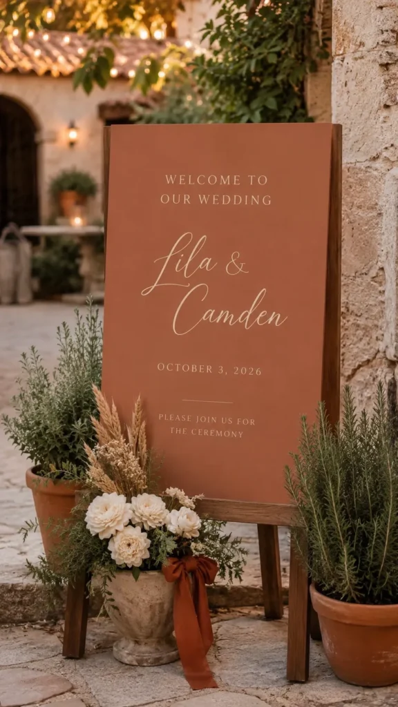 A hyper-realistic vertical photo of a warm terracotta wedding welcome sign, rectangular matte clay-colored sign on a sturdy wooden stand, cream lettering reads “Welcome to Our Wedding” with “Lila & Camden” in elegant script and “October 3, 2026” below, small line says “Please Join Us for the Ceremony,” styled with potted herbs, ivory flowers, dried grasses, and soft rust ribbon at the base, intimate courtyard wedding entrance, cozy fall color palette, polished but budget-friendly look