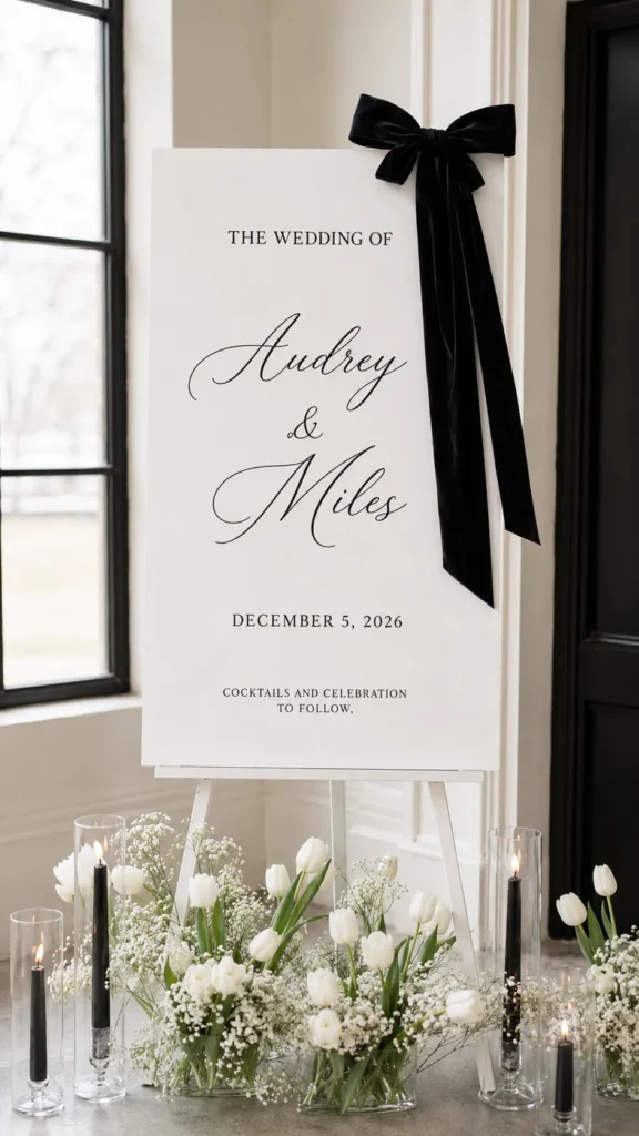A hyper-realistic vertical photo of a chic black and white wedding welcome sign, tall white rectangular sign with bold black serif text and a dramatic black velvet bow tied to the upper corner, sign text reads “The Wedding of” with “Audrey & Miles” in elegant script and “December 5, 2026” below, small text reads “Cocktails and Celebration to Follow,” displayed on a simple white easel, styled with white tulips, baby’s breath, and black taper candles at the base, indoor venue entryway with soft window light, classy low-cost wedding decor idea