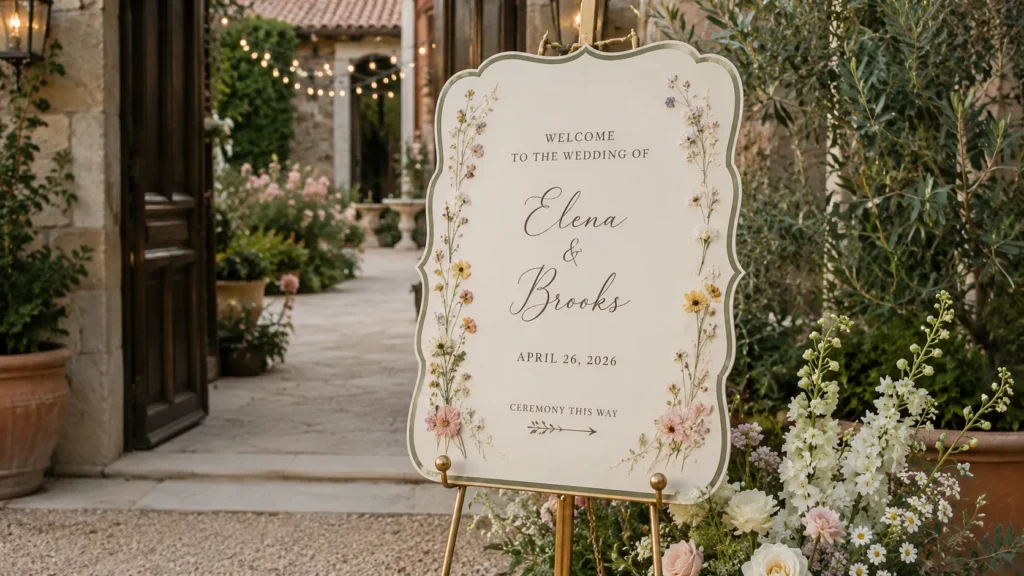 Wide garden wedding entrance with a cream scalloped welcome sign for Elena and Brooks on a brass easel, surrounded by soft florals, greenery, stone walls, and warm string lights.