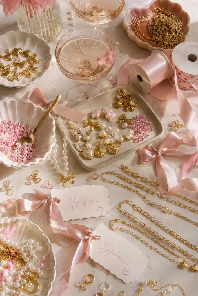 Overhead flat lay of pink and gold bachelorette party decorations including champagne glasses, beaded necklaces, shell charms, ribbons, and place cards on a white surface