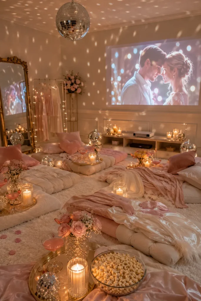 Luxe indoor picnic setup with blush pillows, popcorn, candles, and disco ball projecting light patterns while romantic couple appears on wall-mounted screen