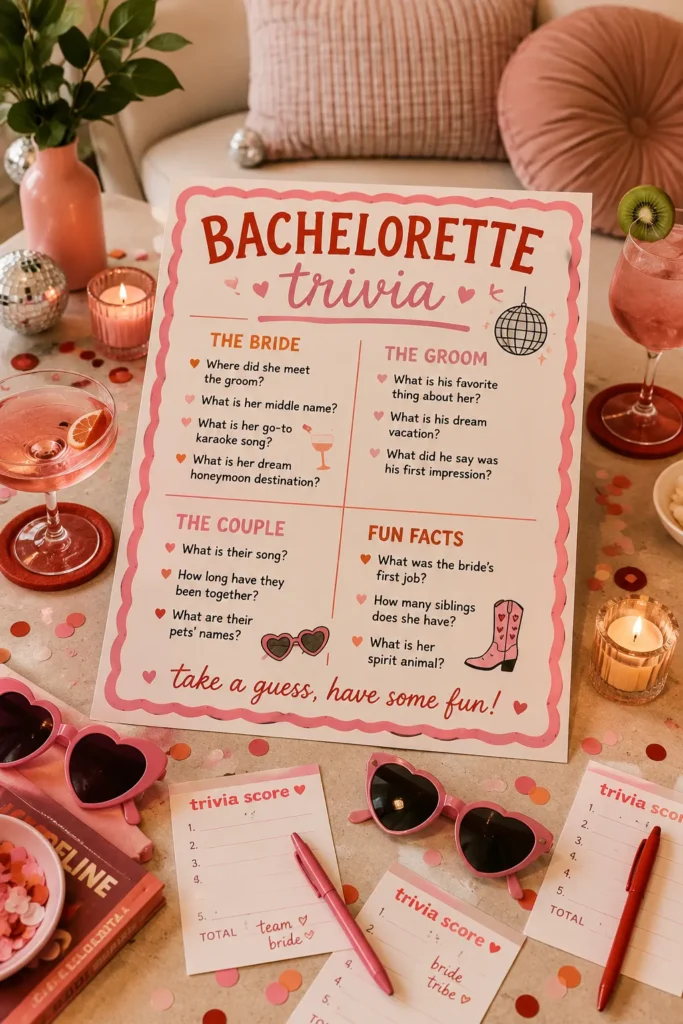 Bachelorette trivia game sheet with pink border surrounded by heart-shaped sunglasses, cocktails, and score cards on a beige table