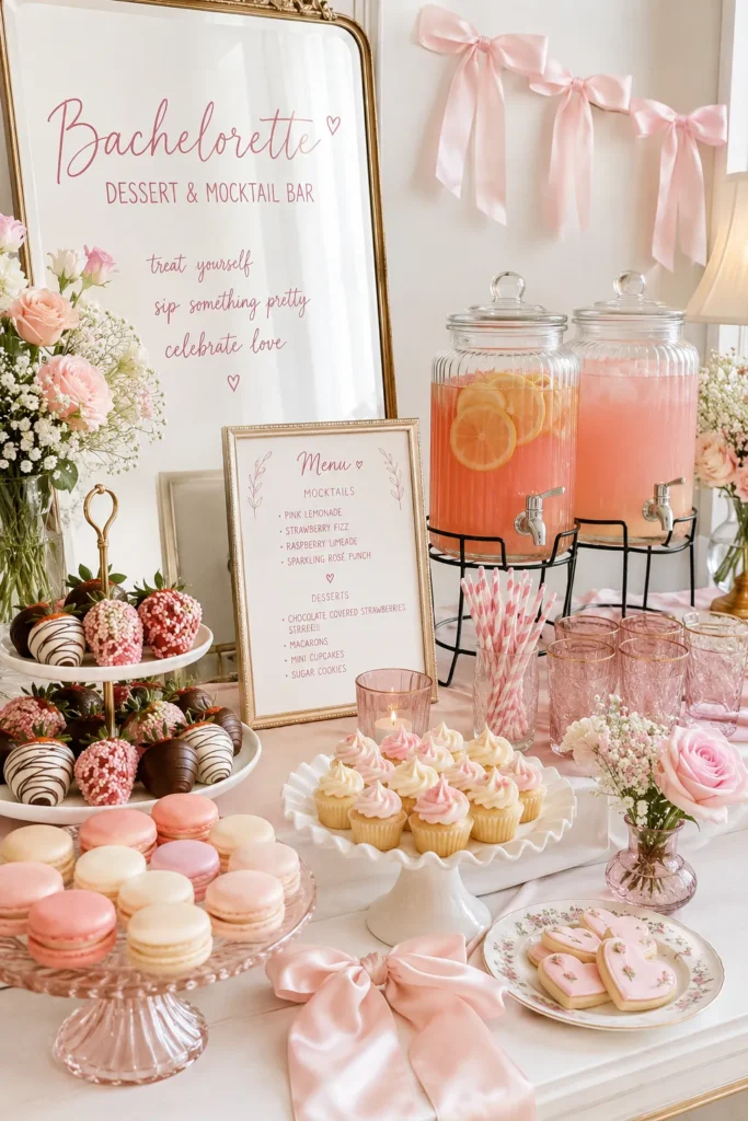 Elegant bachelorette dessert bar with pink macarons, chocolate-covered strawberries, cupcakes, and decorated cookies alongside two beverage dispensers with pink cocktails and a menu sign