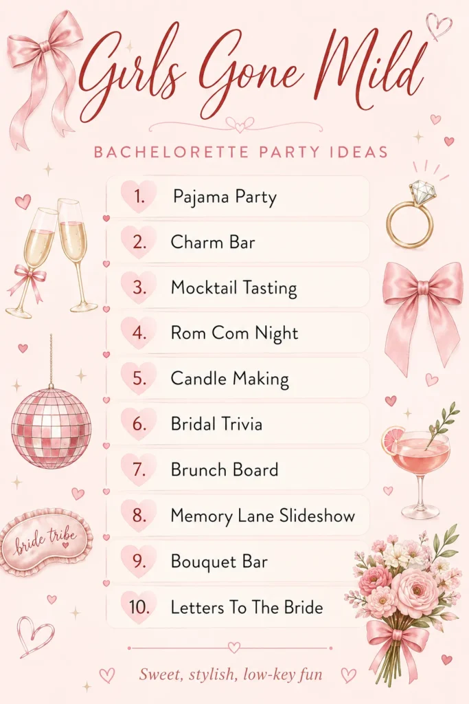 Pink poster with "Girls Gone Mild" bachelorette party ideas including pajama party, charm bar, mocktail tasting, and other low-key activities decorated with champagne glasses, disco ball, and flowers