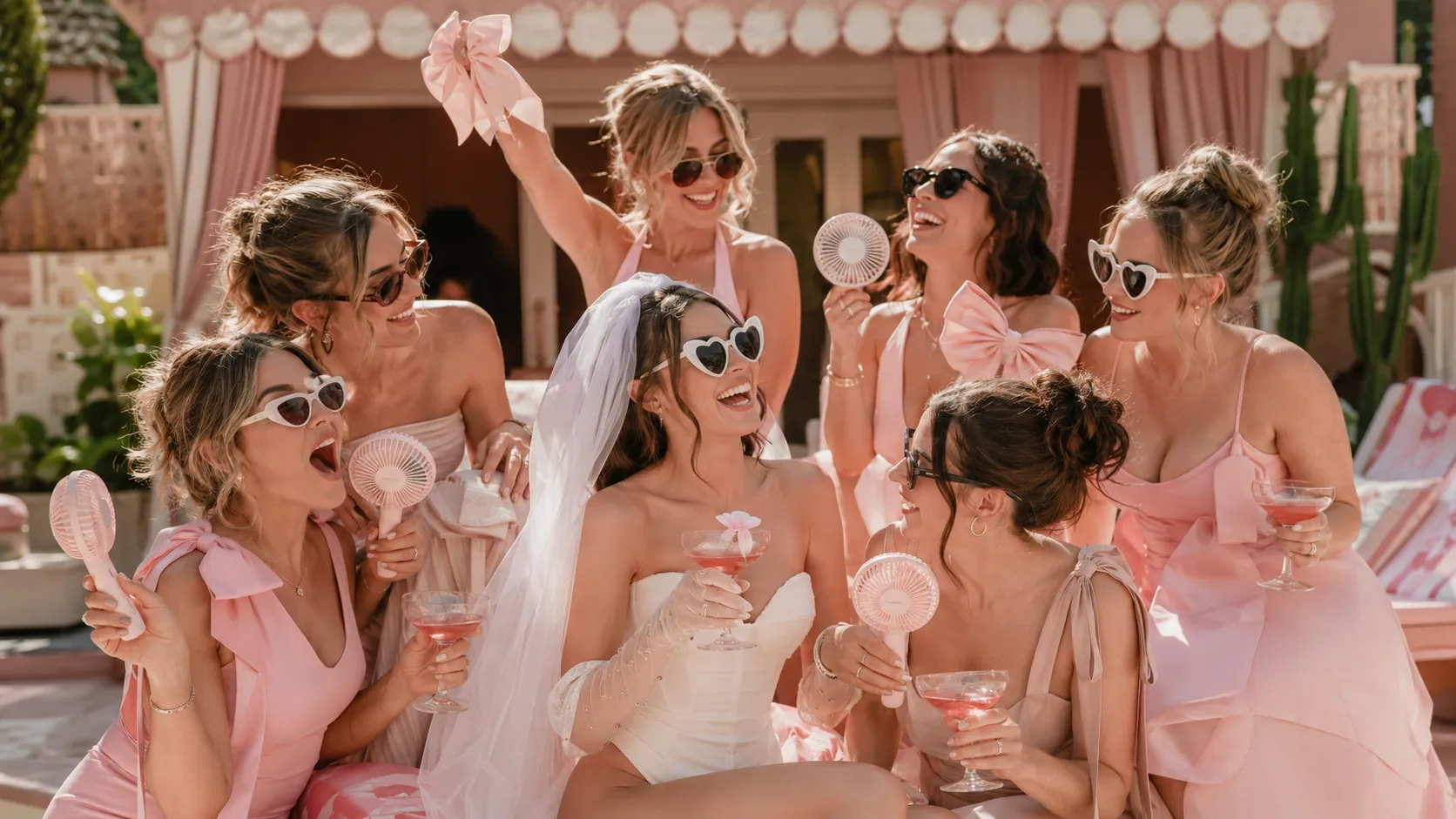 Bride and bridesmaids in pink dresses and heart-shaped sunglasses celebrating poolside with cocktails and handheld fans at a budget-friendly bachelorette party