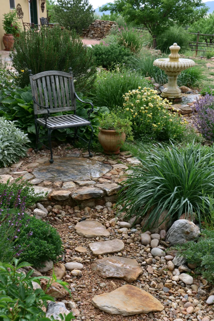 Rustic backyard garden with wooden bench beside a stone pathway, terra cotta planters, and drought-resistant plants including lavender and ornamental grasses